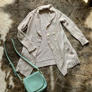 H&M beige long button up sweater, small